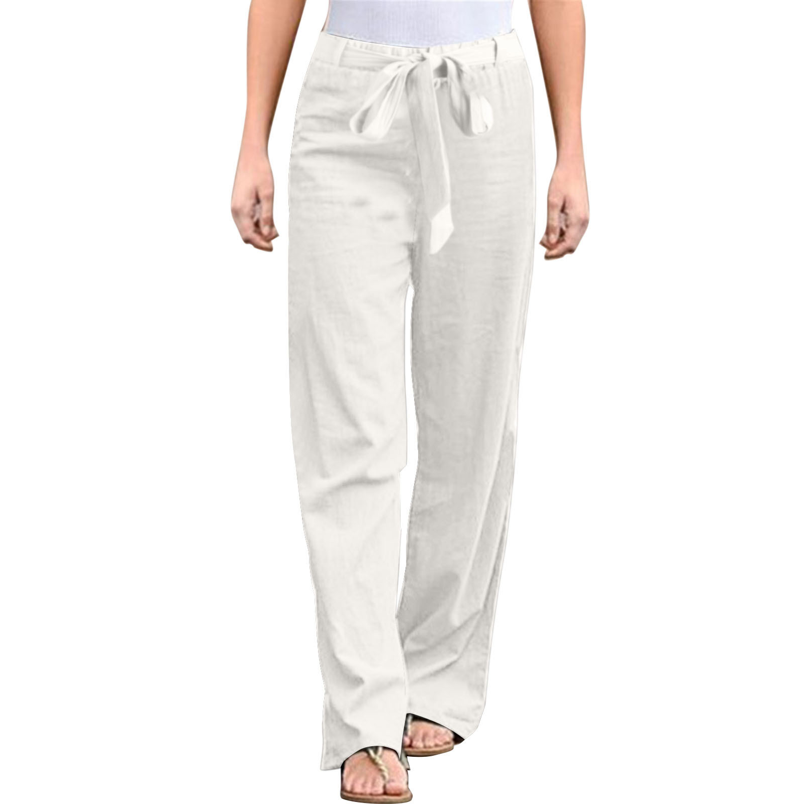 thumbnail image 1 of Pantalones anchos de algodón y lino para mujer: cintura alta elástica, cordón, transpirables, ropa informal para la oficina y la playa, tallas S-XXL, cintura de 66 a 88 cm., 1 of 6